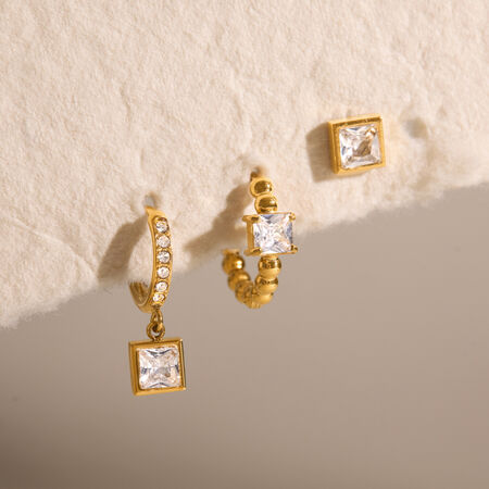 Luxurious Series Simple Rectangle Stainless Steel Waterproof Gold Color Zircon Women's Earring Sets