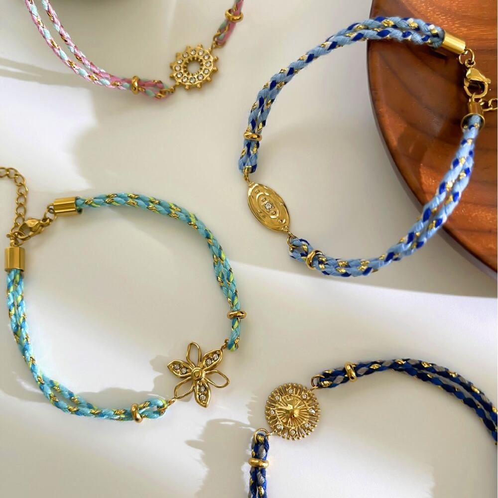 Romantische serie bloemen en zon, gevlochten touw, goudkleurige strass-steentjes, gevlochten damesarmbanden h5Afbeelding4