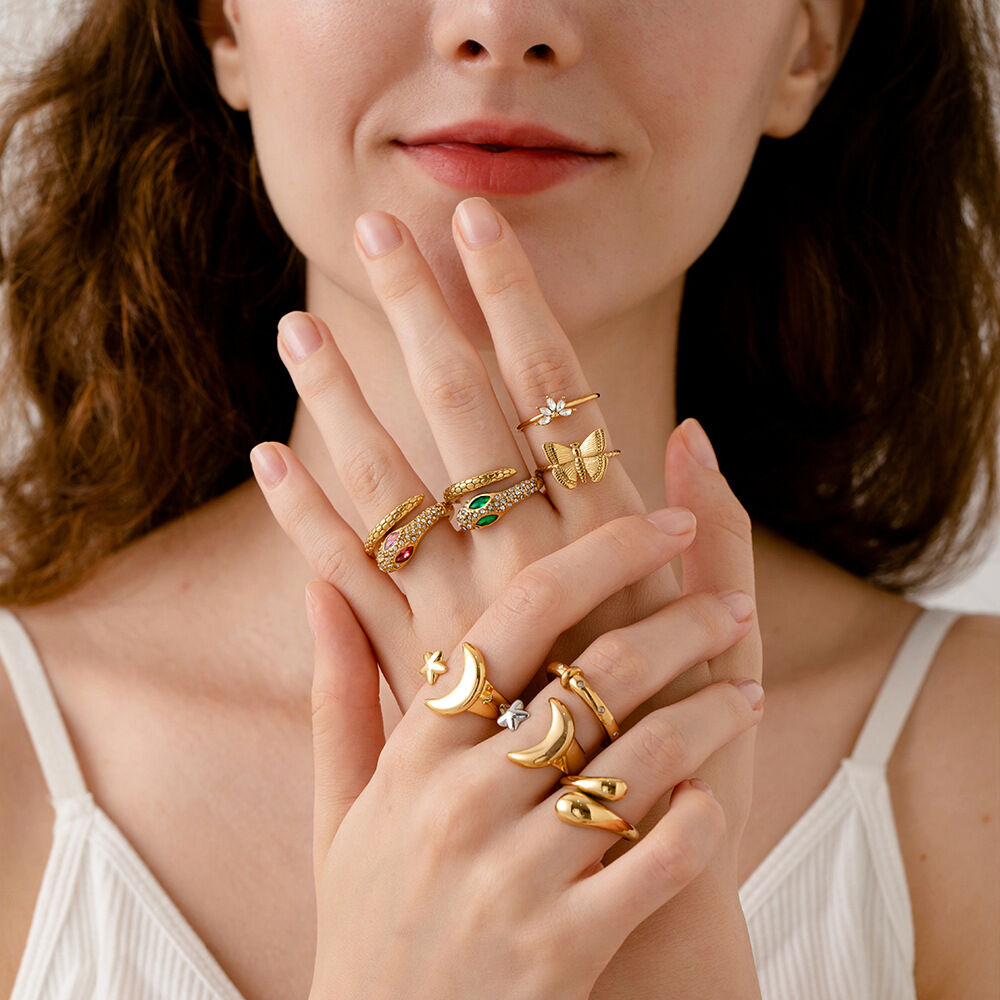 Simple  Sense of Luxury Daily Star Moon Stainless Steel Waterproof Gold Color  Statement Rings