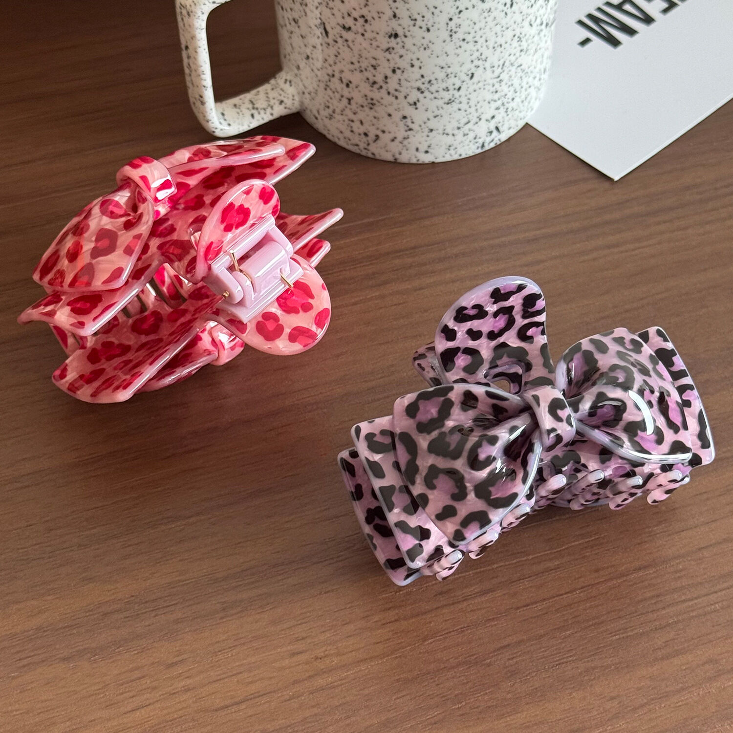 Simple Series Günlük Kullanım İçin Fiyonklu Düz Renk Leopar Desenli Asetat Saç Tokası h5 Resim2