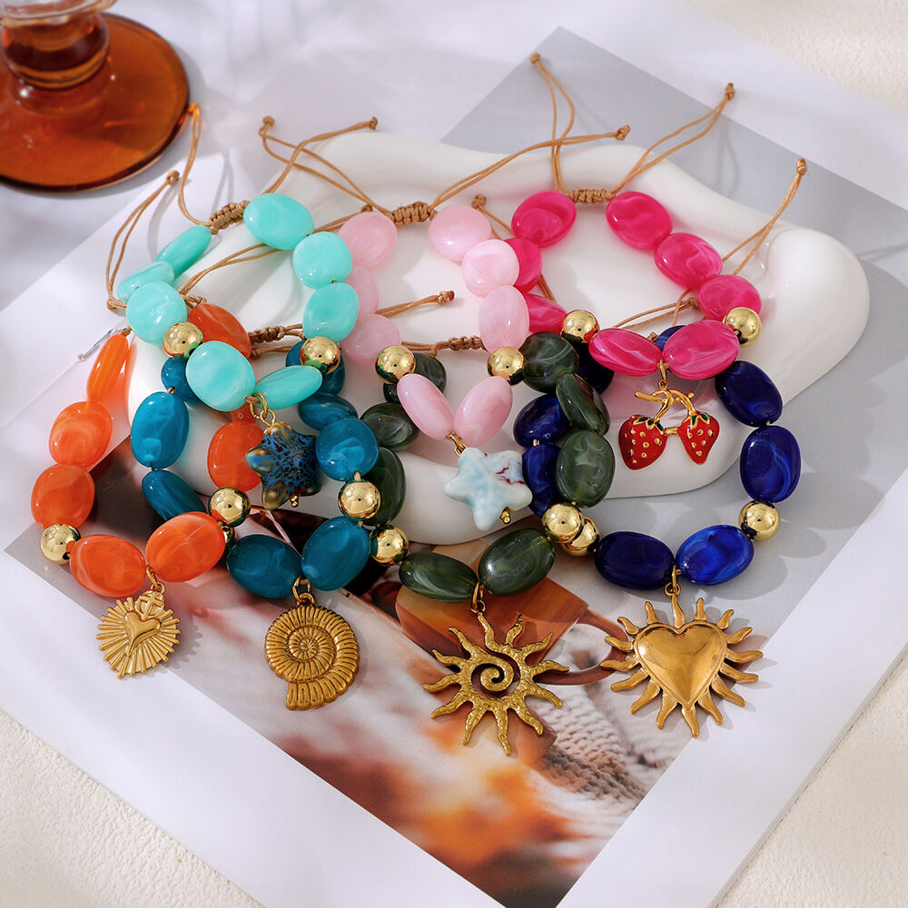 Simple Series Retro Irregular Shape Heart Sun Beads Resin Gold Color Women's Beaded Bracelets Picture3