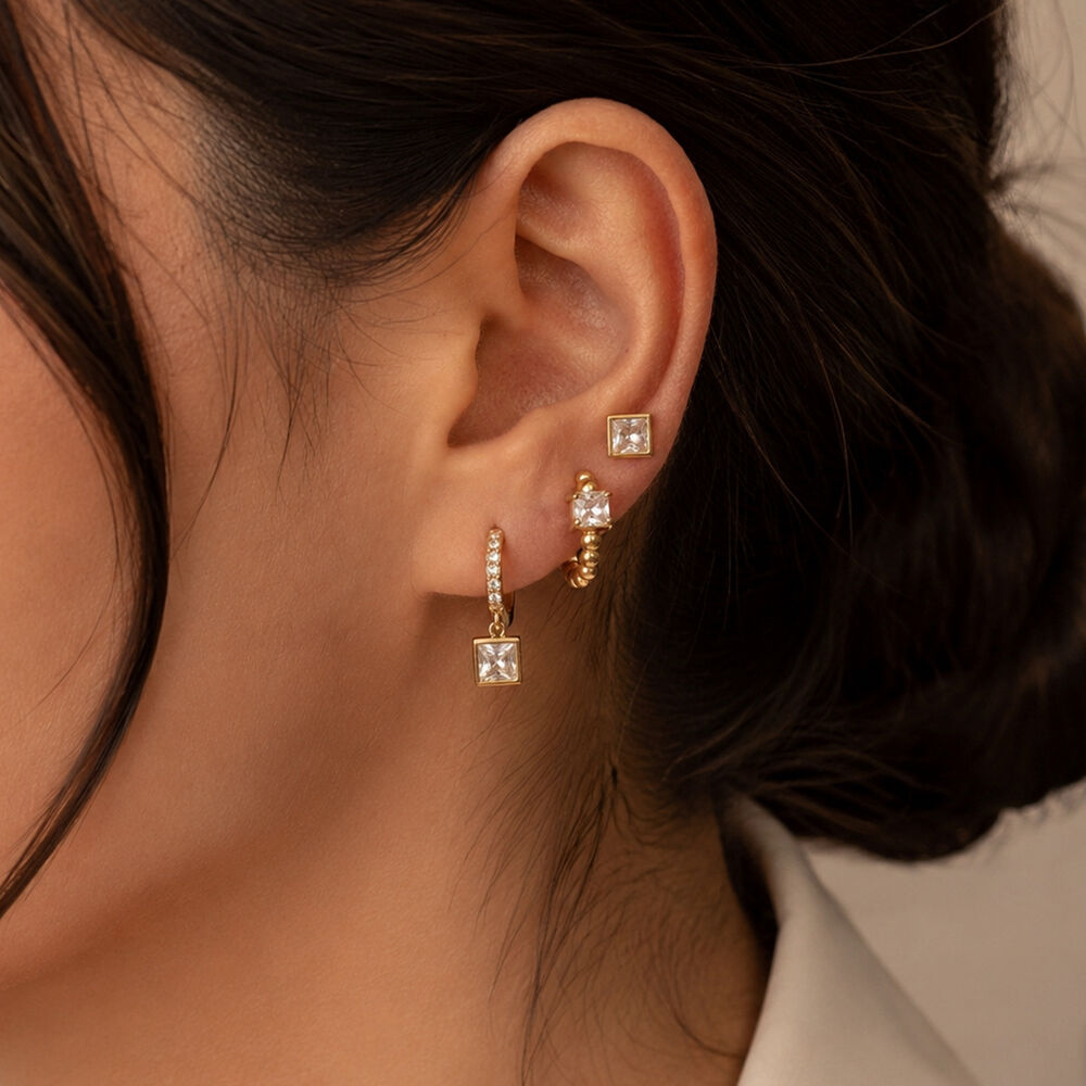 Luxurious Series Simple Rectangle Stainless Steel Waterproof Gold Color Zircon Women's Earring Sets Picture4