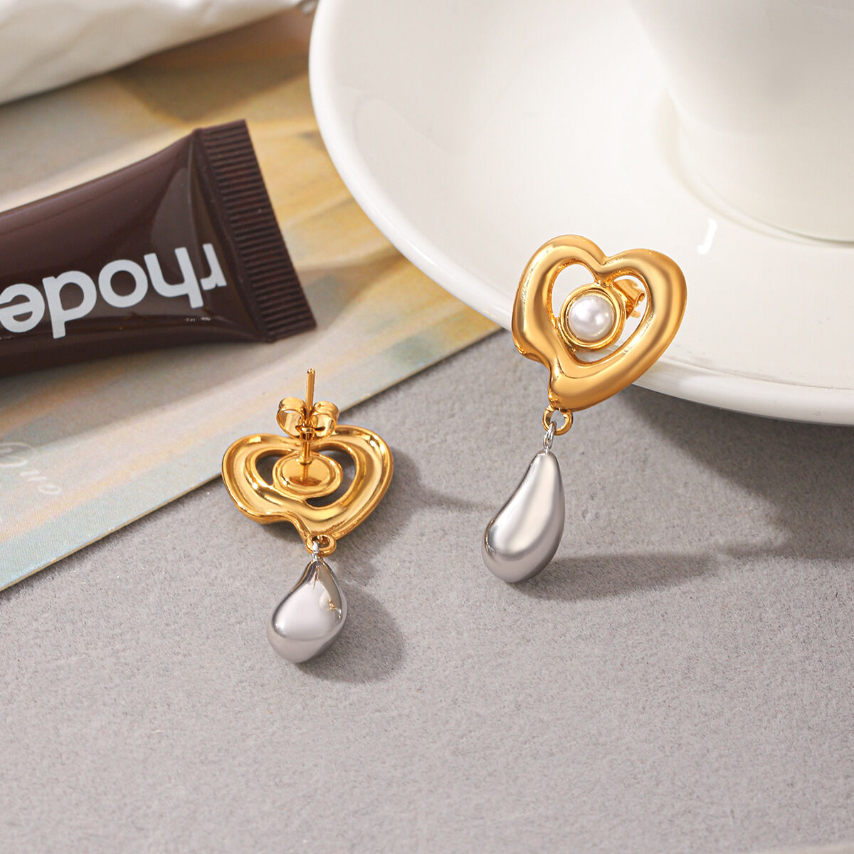Simple Series Daily Droplet Heart Stainless Steel Waterproof   Gold Color  Pearl Women's Dangle Earrings Picture3