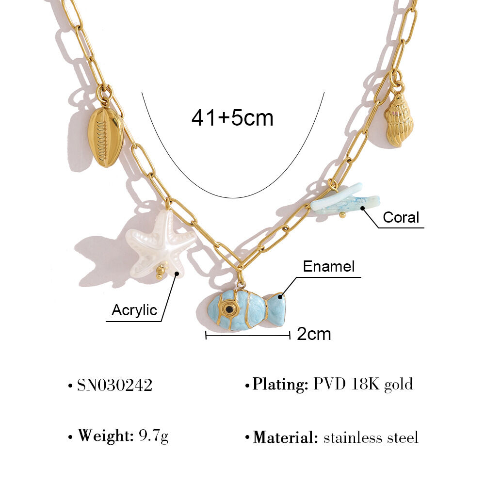 Vacation Oceanic Style Enamel Fish Stainless Steel Waterproof Gold Color Women's Pendant Necklaces