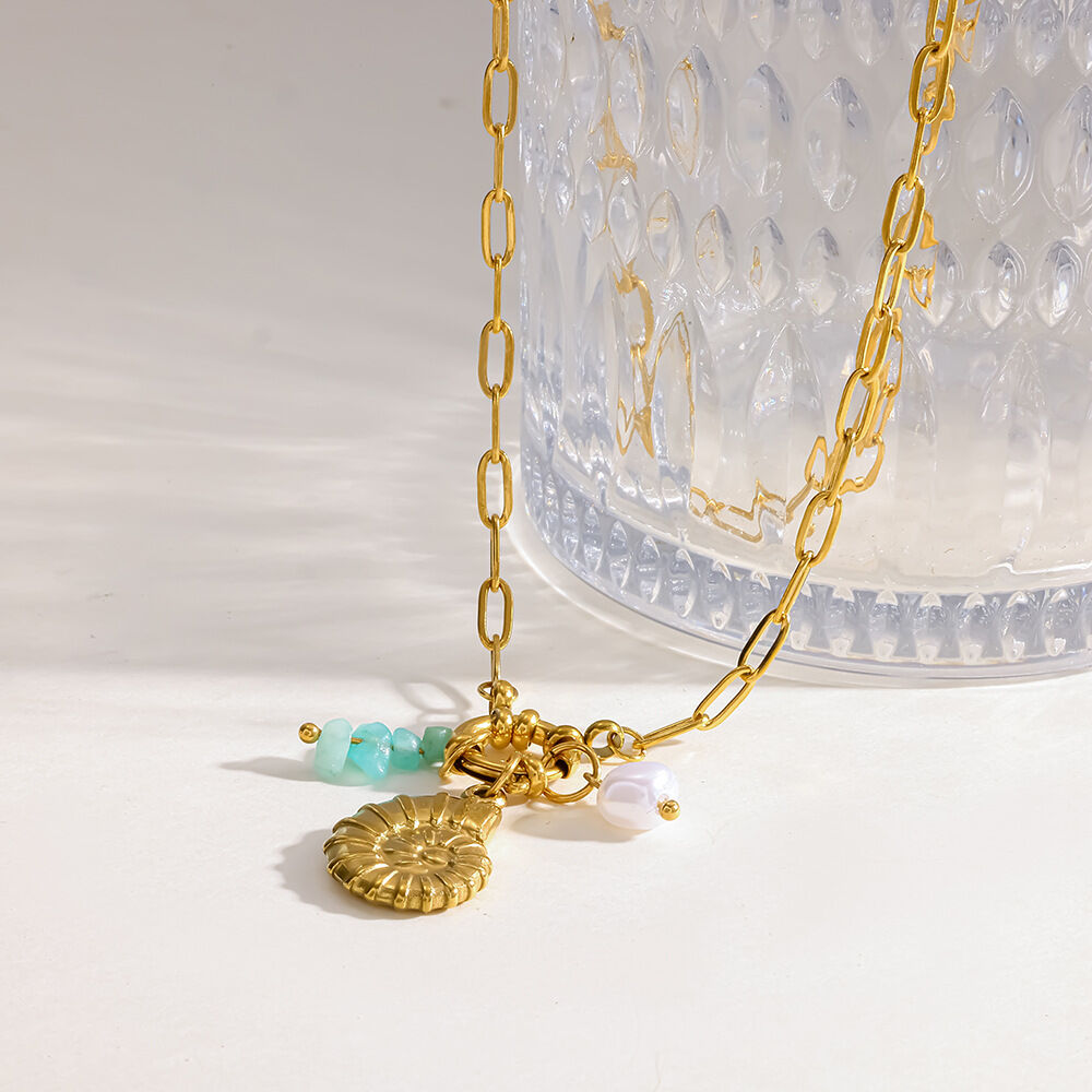 Simple Series Daily Oceanic Style Edelstahl Wasserdicht Goldfarben Zirkon Damen Anhänger Halsketten h5Bild4
