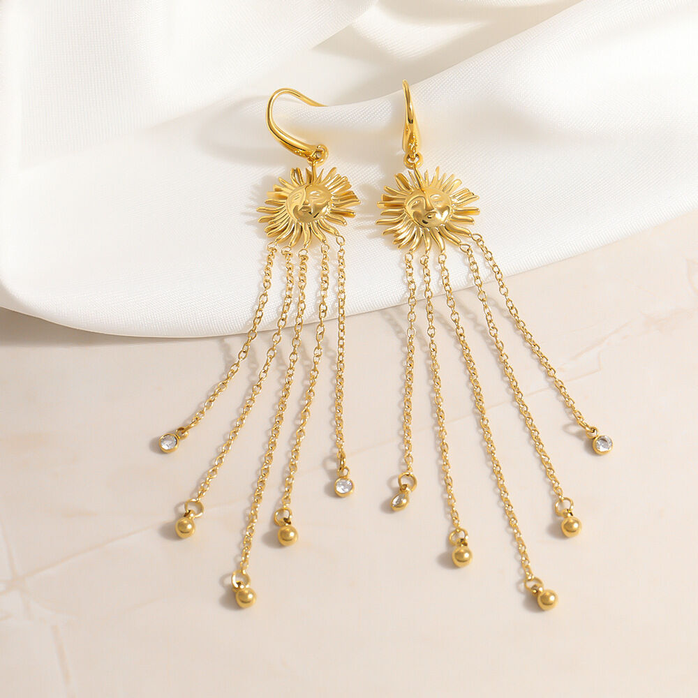 Sun Tassel Stainless Steel Waterproof Gold Color Rhinestone Women's Dangle Earrings 2