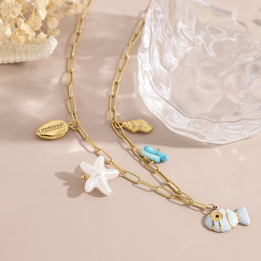 Vacation Oceanic Style Enamel Fish Stainless Steel Waterproof Gold Color Women's Pendant Necklaces h5Picture3