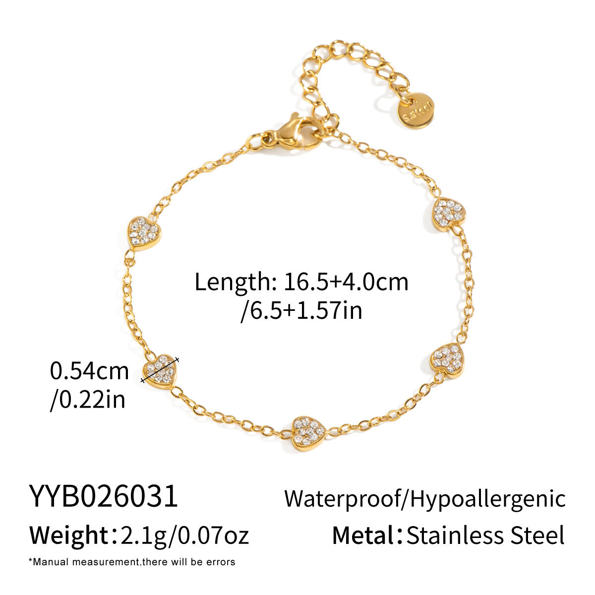 Heart Shape Zircon Stainless Steel Gold Color Women's Chain Bracelets 