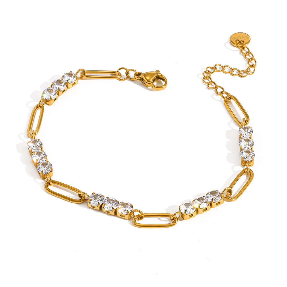 Luxuriöse Serie: Elegante, geometrische Form, wasserdichtes Edelstahl-Armband mit Zirkonia in Goldfarbe für Damen h5 Bild4