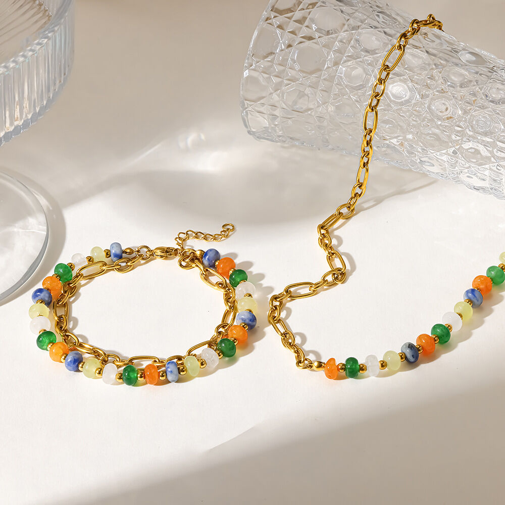 Simple Series Retro Patchwork Beads Stainless Steel Waterproof   Gold Color  Women's Jewelry Sets 2