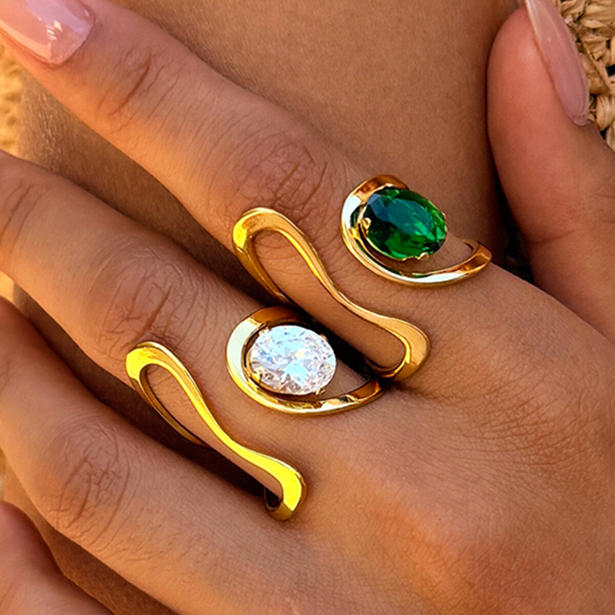 Simple Retro Daily Irregular Shape Stainless Steel Waterproof   Gold Color  Zircon Gemstone Ring