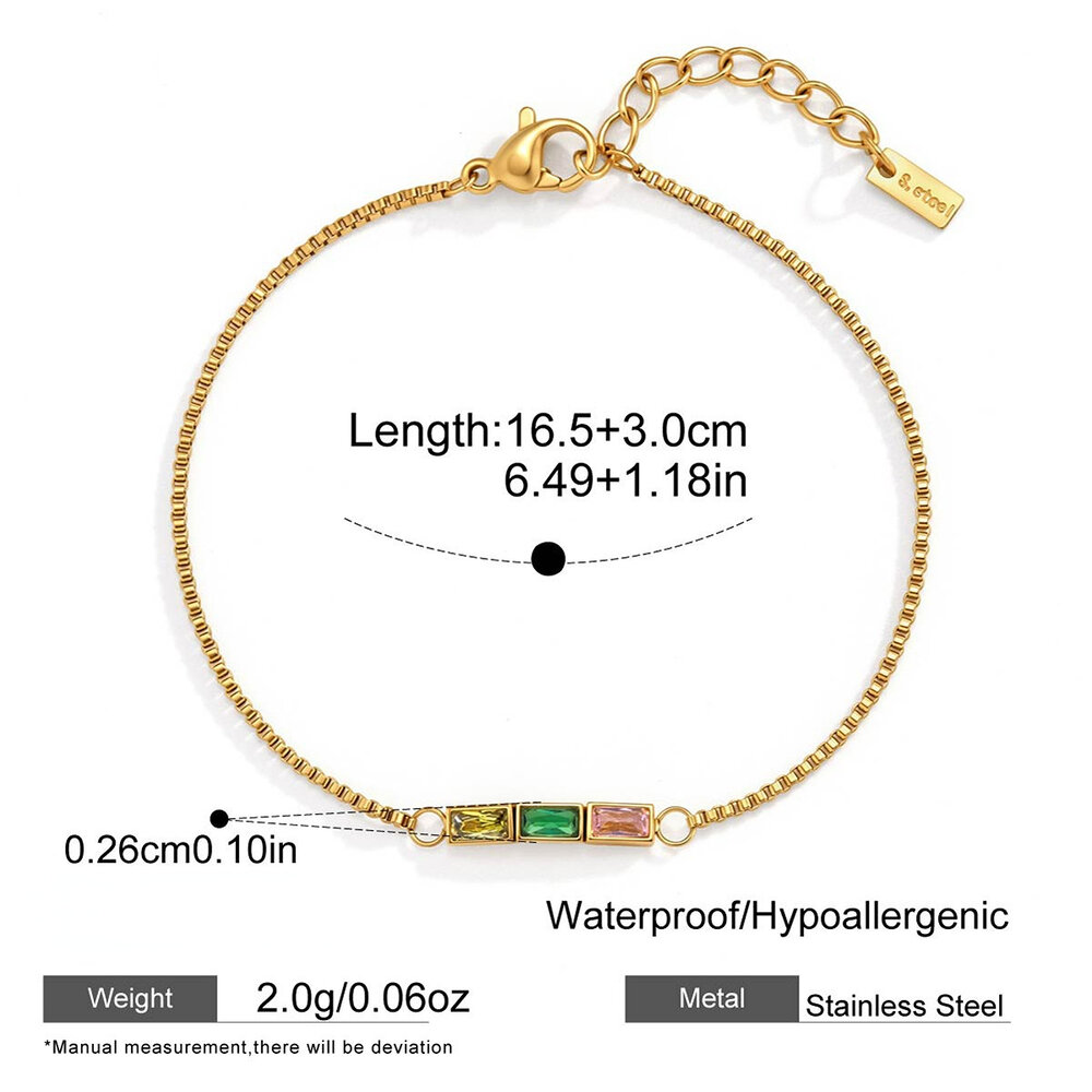 Bracciale da donna a catena in acciaio inossidabile color oro, impermeabile, con zirconi e forma geometrica semplice.