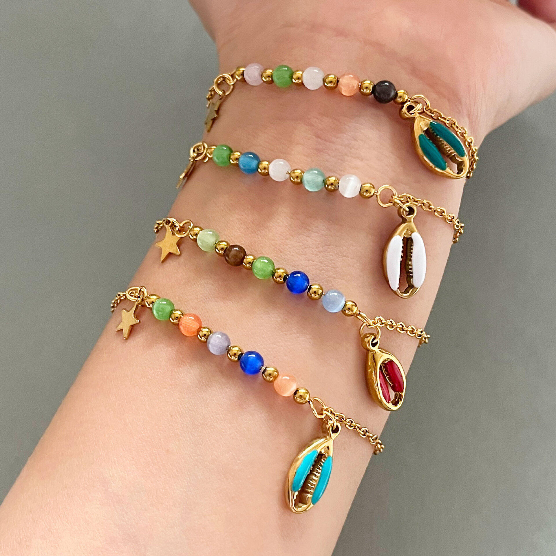 Vacation Enamel Shell Stainless Steel Waterproof Gold Color Women's Charm Bracelets