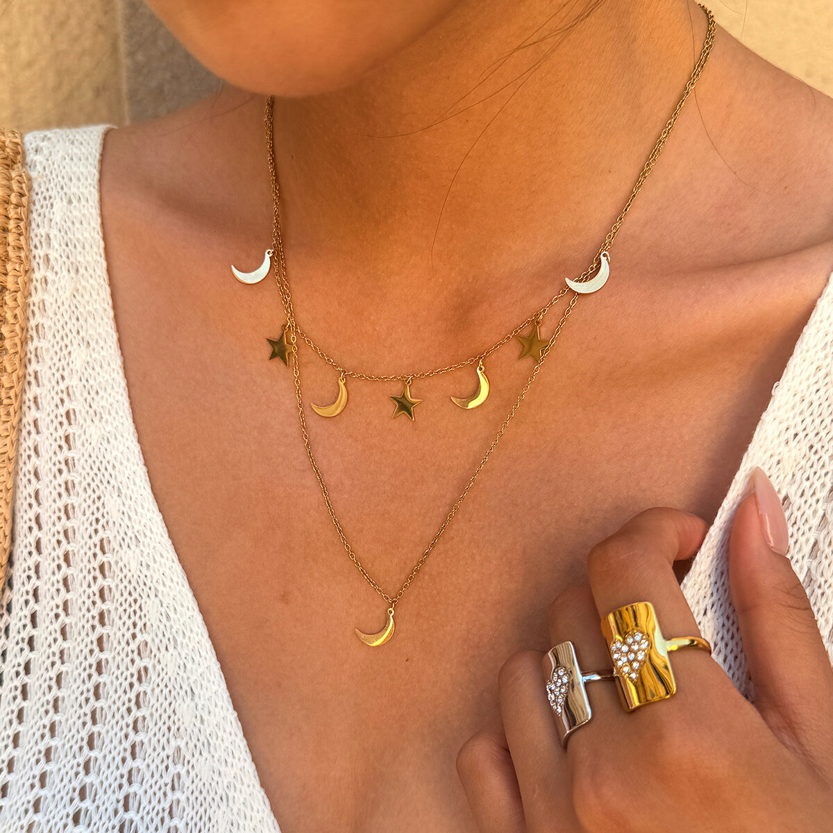 Simple Retro Daily Star Moon Stainless Steel Waterproof   Gold Color  Women's Pendant Necklaces