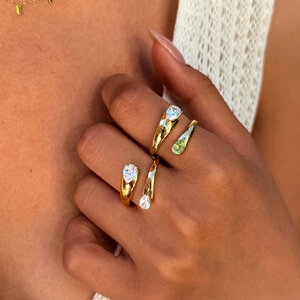 Minimalist Daily Irregular Shape Stainless Steel Waterproof Gold Color Zircon Gemstone Ring h5 Picture2