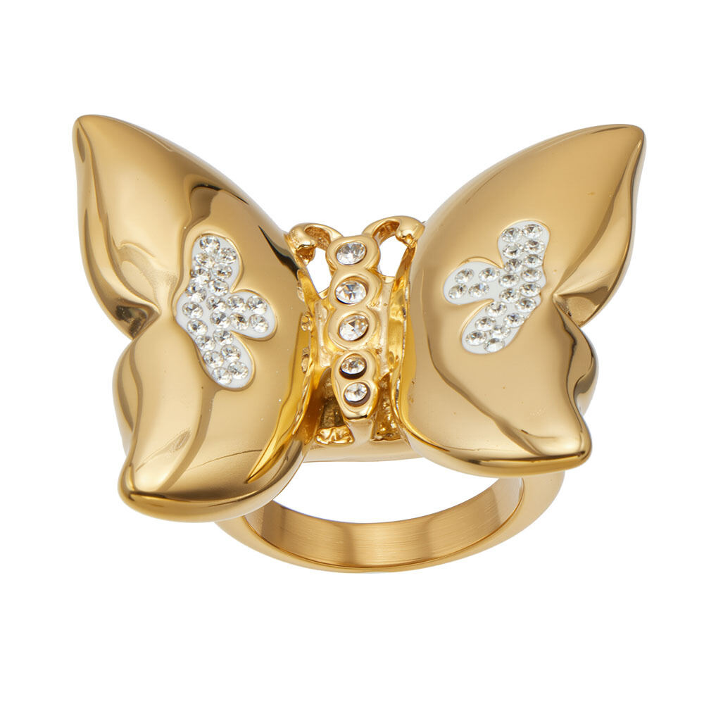 Anelli di lusso casual a forma di farfalla traforata in acciaio inossidabile impermeabile color oro. h5 Immagine5