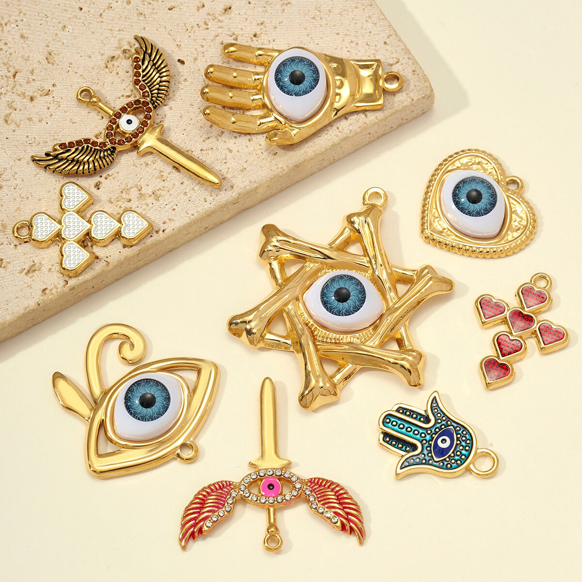 Classic Series Diy Devil's Eye Cross Stainless Steel Waterproof   Gold Color  Women's Pendants 2