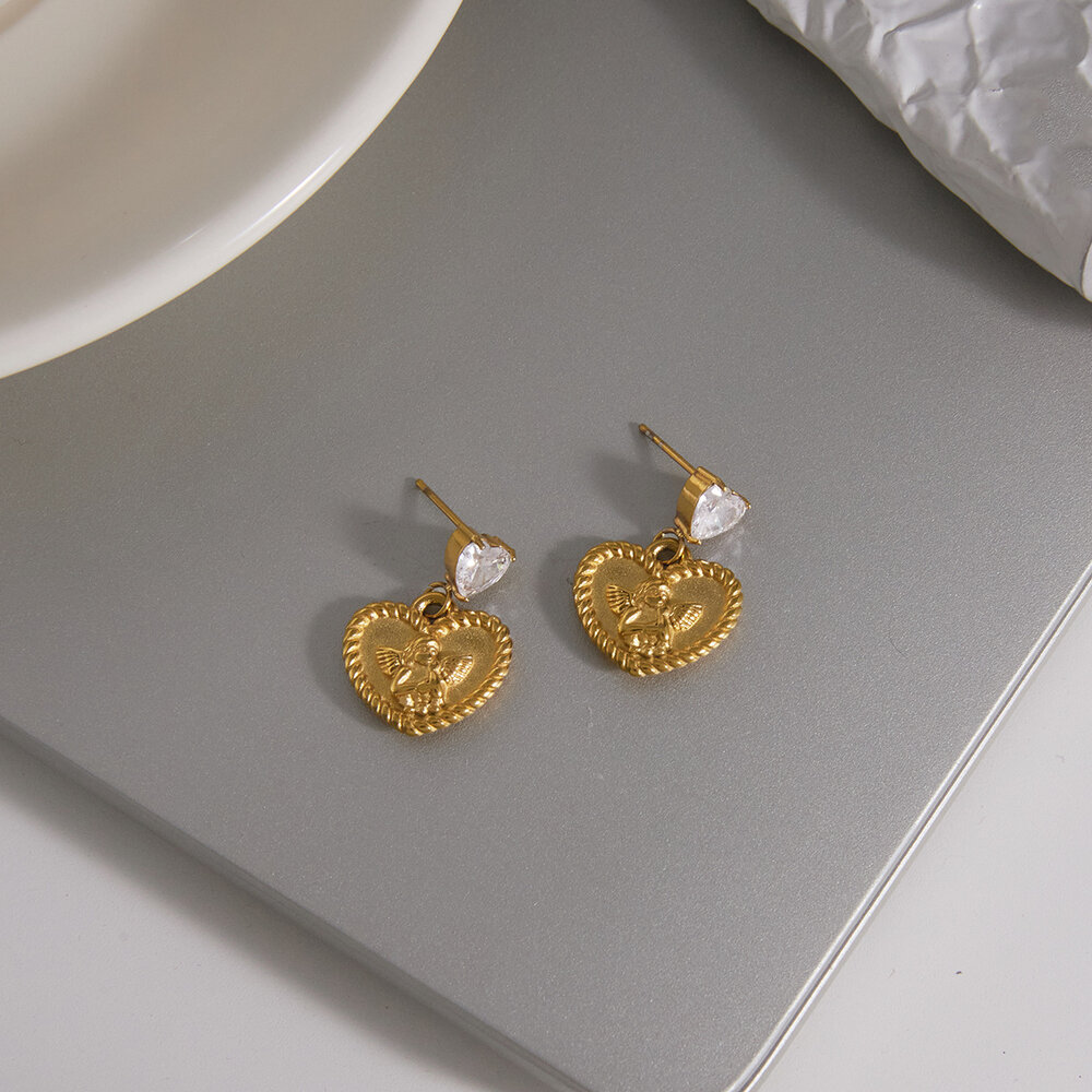 Romantic Series Sweet Heart Angel Stainless Steel Waterproof Gold Color Zircon Women's Drop Earrings Picture3