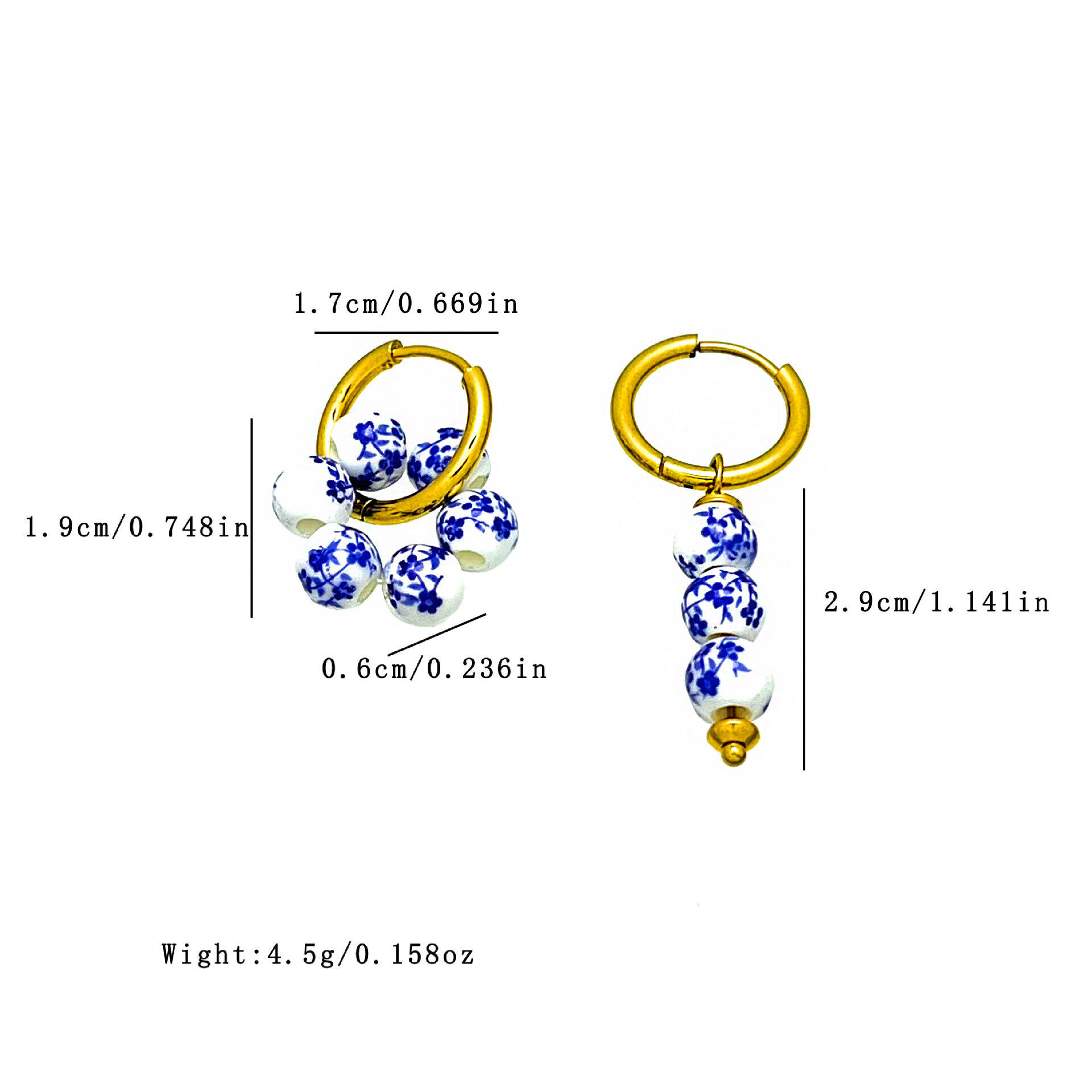 Boucles d'oreilles pendantes pour femme, style rétro, en céramique, acier inoxydable, couleur or, étanches. h5 Image4
