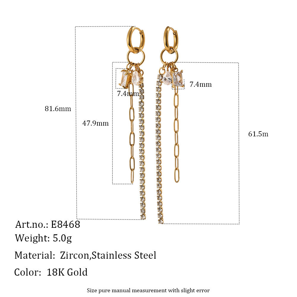 Orecchini a cerchio da donna Simple Series con elegante catena a nappina, in acciaio inossidabile, impermeabili, color oro e zirconi. h5 