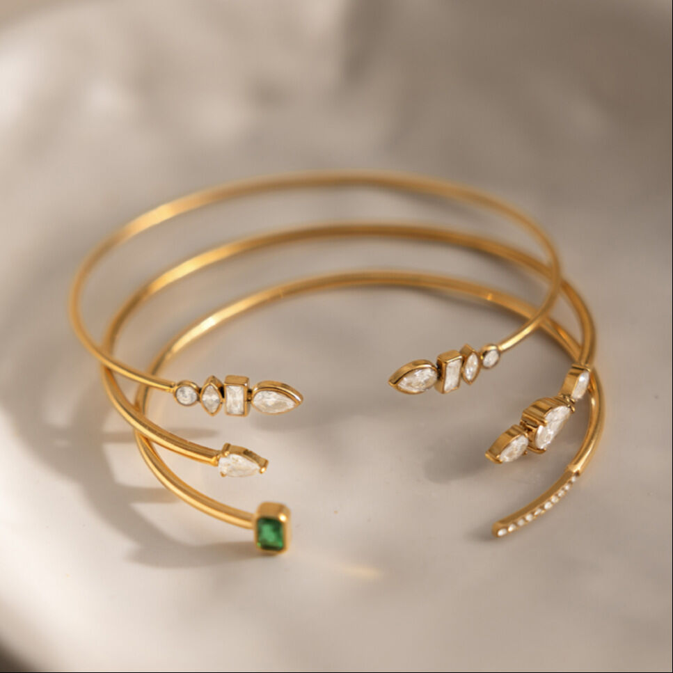 Simple Series Daily Irregular Shape Stainless Steel Waterproof   Gold Color  Zircon Women's Cuff Bracelets