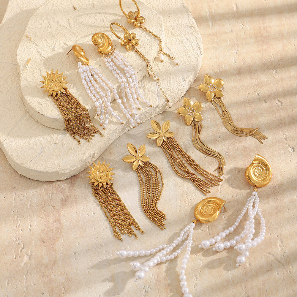 Simple Series Elegant Sun Tassel Beads Stainless Steel Waterproof   Gold Color  Women's Dangle Earrings 2