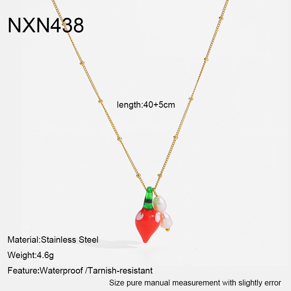 Glaze Fruit Stainless Steel Waterproof  Gold Color Pearl Women's Pendant Necklaces 