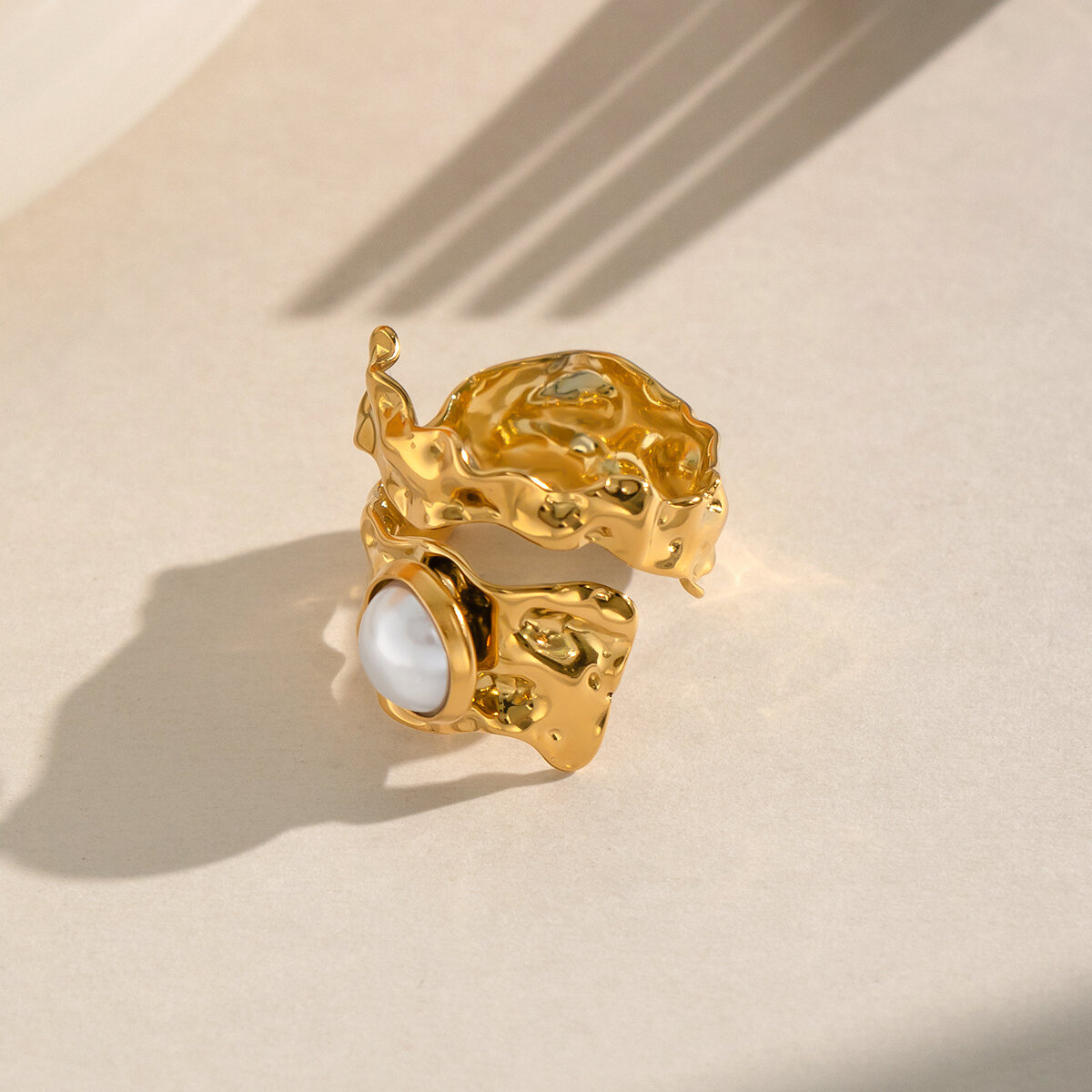 Irregular Shape Stainless Steel Waterproof Gold Color Artificial Pearl Statement Rings Picture3