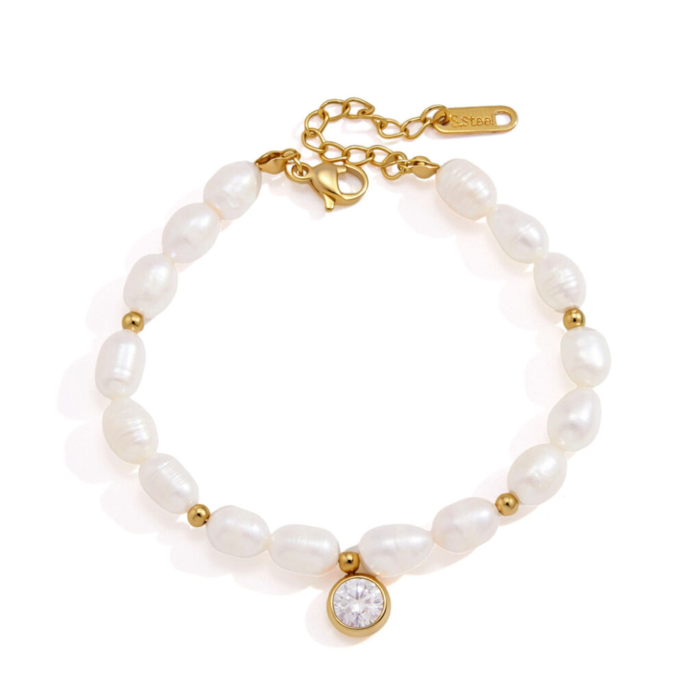 Elegante Perlenkette aus Edelstahl, wasserdicht, goldfarben, Damen-Perlenarmband der Romantischen Serie h5Bild5