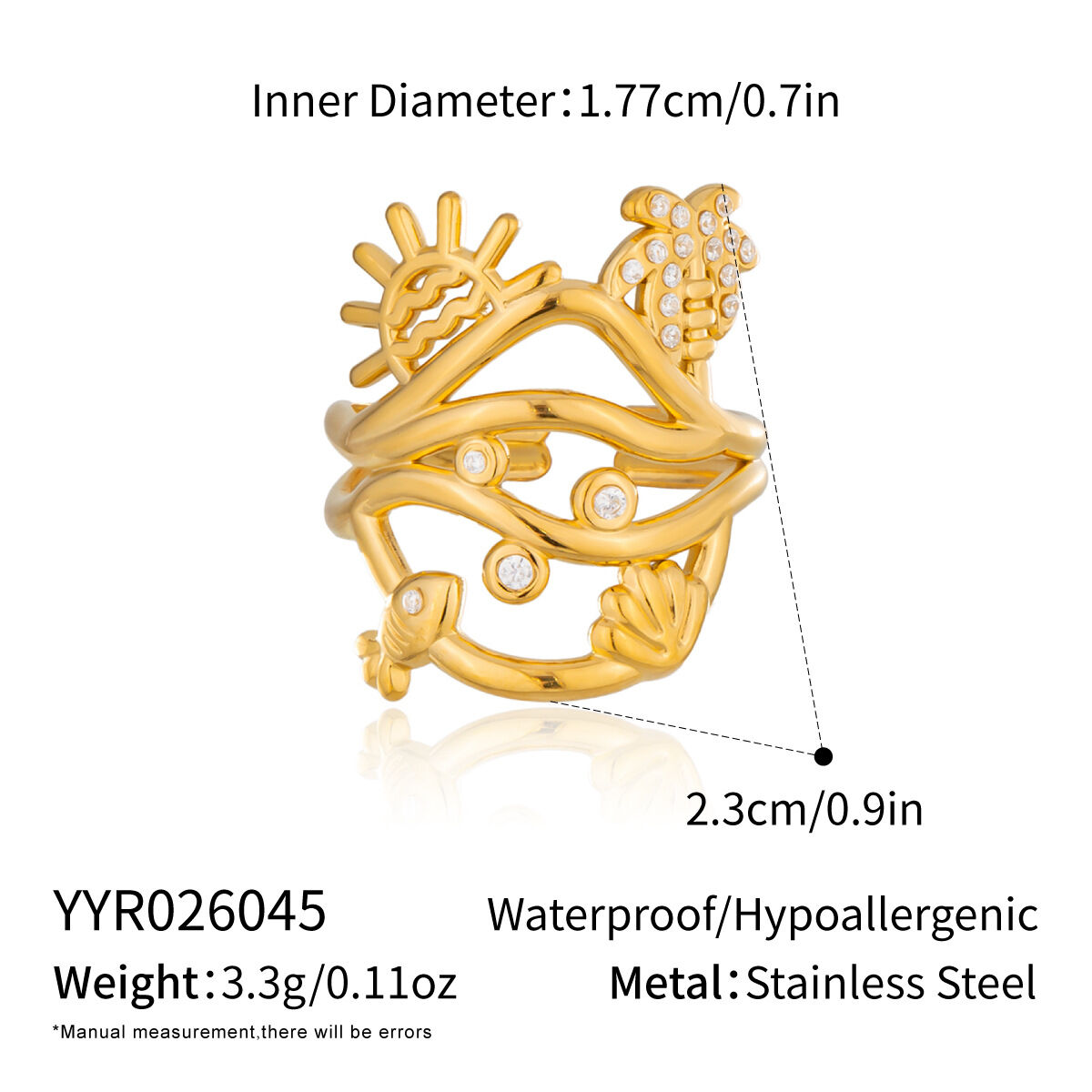Oceanic Style Stainless Steel Waterproof Gold Color Statement Rings 