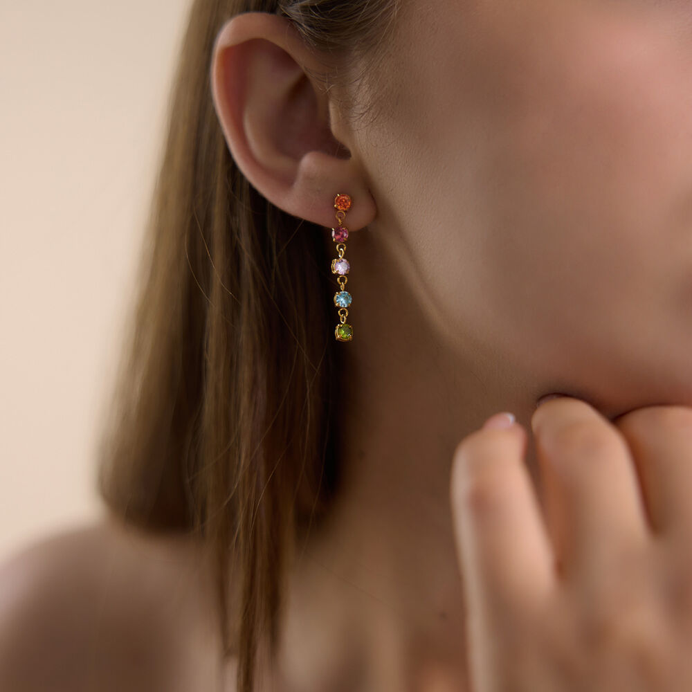 Elegantes pendientes colgantes de mujer con borla, acero inoxidable, resistentes al agua y circonitas color oro. Imagen2