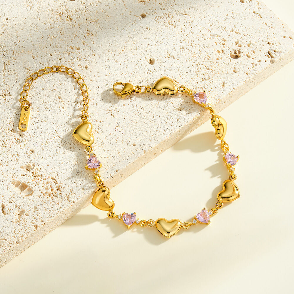 Pulseras de cadena para mujer de acero inoxidable con circonitas doradas, diseño de corazón patchwork y estilo romántico, resistentes al agua. h5 Imagen4