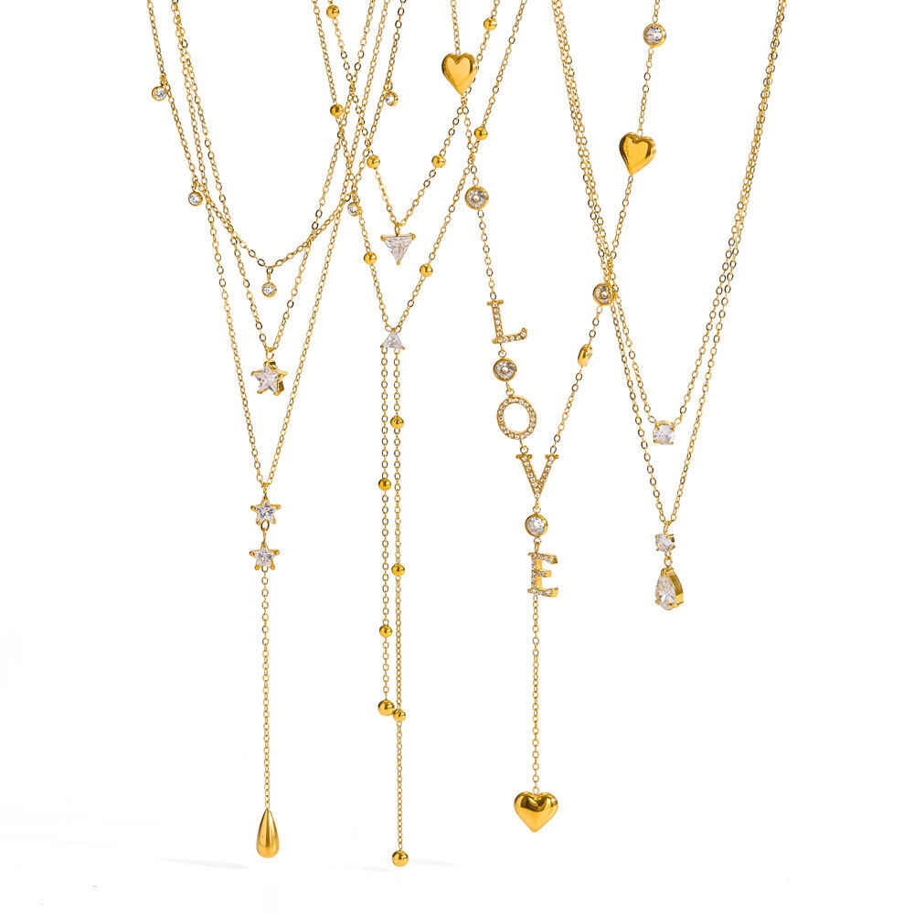 Lujosos collares de mujer de varias capas, elegantes, de acero inoxidable, impermeables y color dorado con diamantes de imitación. 2