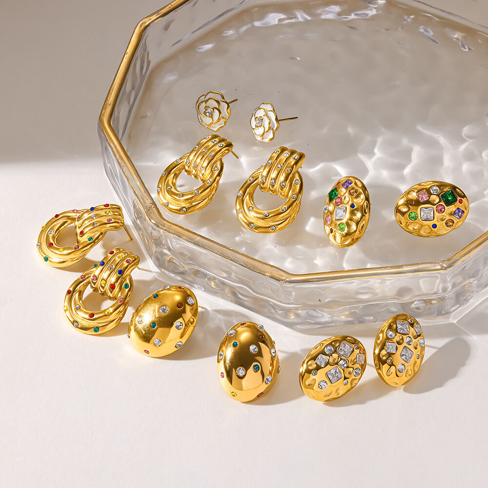 Simple Series Daily Polka Dots Ellipse Shape Stainless Steel Waterproof   Gold Color  Zircon Women's Stud Earrings h5 Picture3