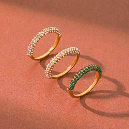 Simple Series Daily Circle Stainless Steel Waterproof   Gold Color  Zircon Pearl Women's Gemstone Rings
