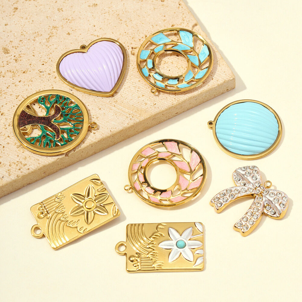 Colgantes de lujo para mujer, de la serie DIY, con diseño de lazo, forma circular y rectangular, de acero inoxidable, resistentes al agua y color dorado. Imagen2