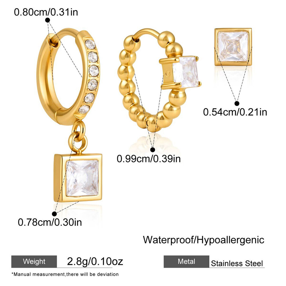 Luxurious Series Simple Rectangle Stainless Steel Waterproof Gold Color Zircon Women's Earring Sets