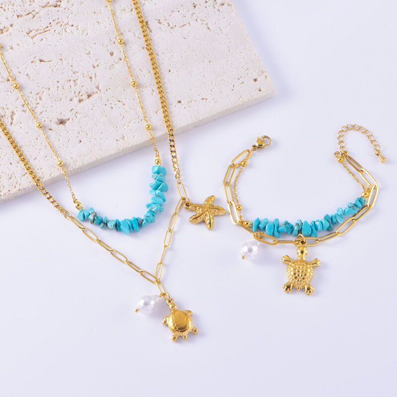 Serie Etnica Vacanza Stile Oceanico Perline di Pietra Naturale Acciaio Inossidabile Set di Collane da Donna Impermeabili Immagine2
