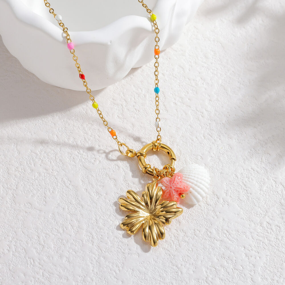 Vacation Flower Oceanic Style Fish Stainless Steel Waterproof Gold Color Women's Pendant Necklaces