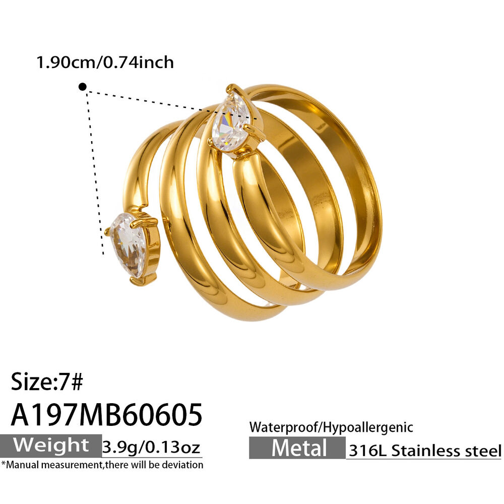 Luxuriöse Serie: Schlichter, tropfenförmiger, rechteckiger Edelstahlring für Damen, wasserdicht, goldfarben, mit Zirkonia