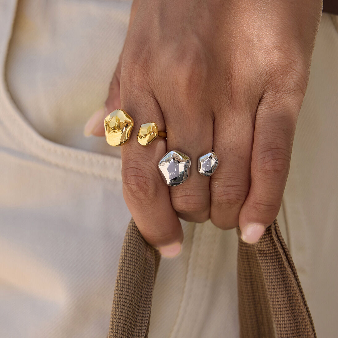 Simple Series Casual Irregular Shape Hammer Pattern Stainless Steel Waterproof   Gold Color  Statement Rings