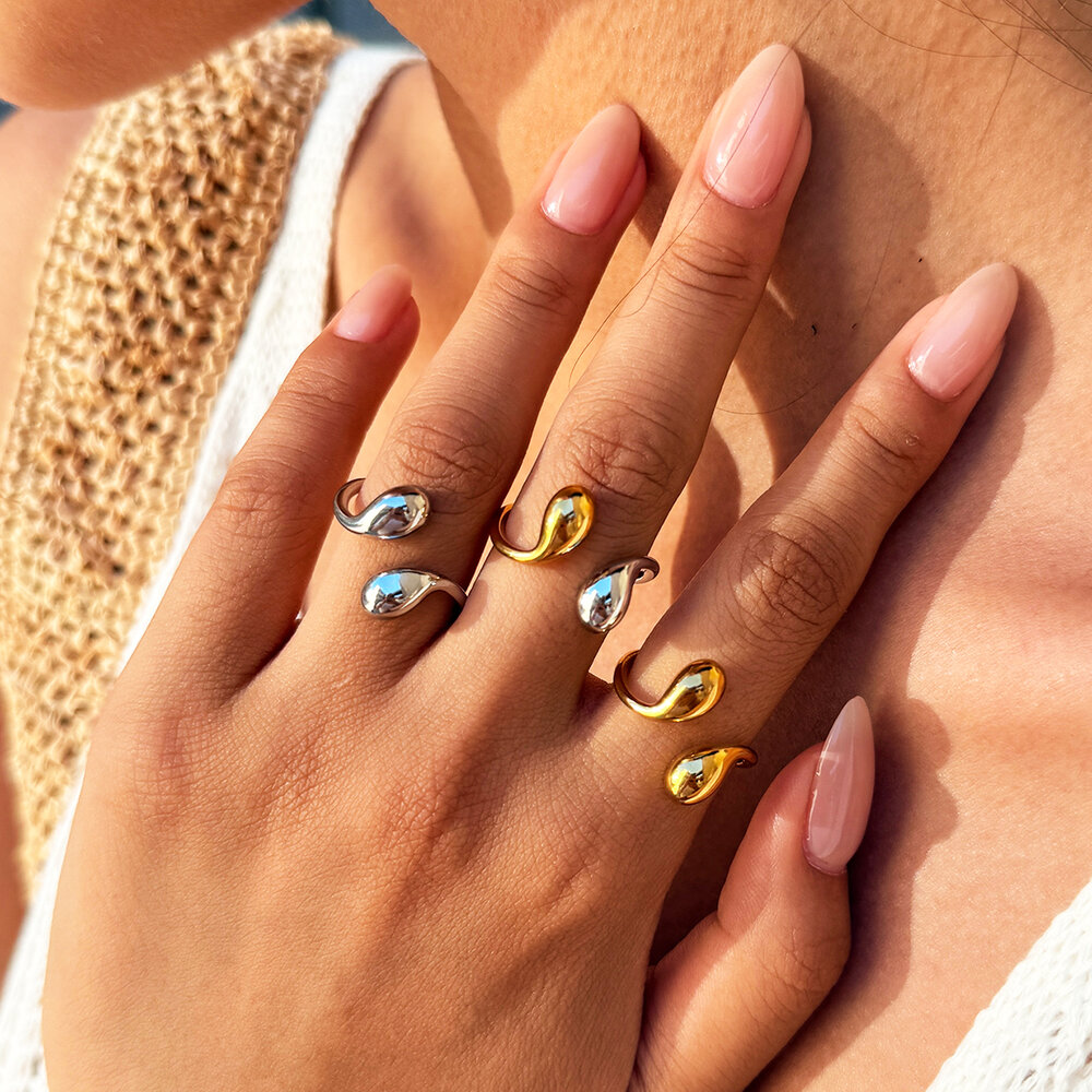 Minimalist Daily Droplet Stainless Steel Waterproof Gold Color Women's Statement Ring h5Picture3