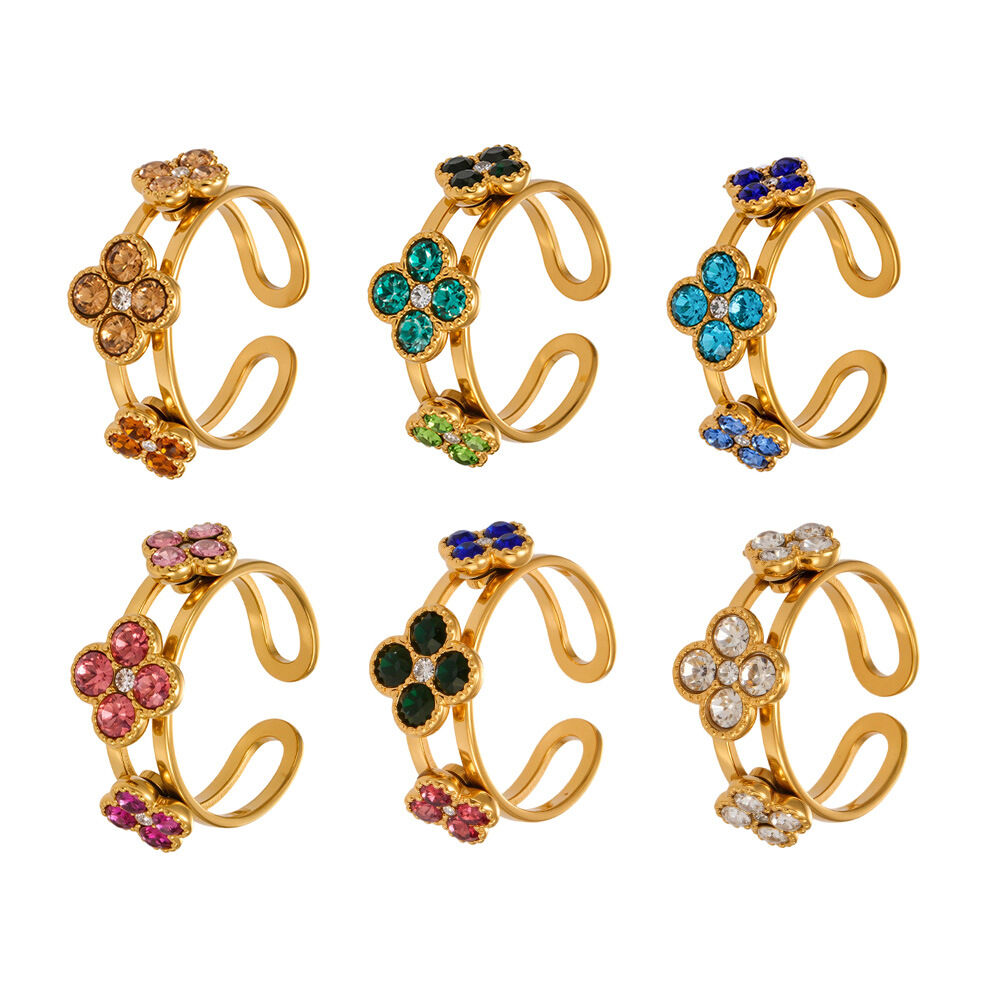 Bagues pour femmes en acier inoxydable doré, ornées d'un trèfle élégant et de zircon, collection Romantique. h5Image5