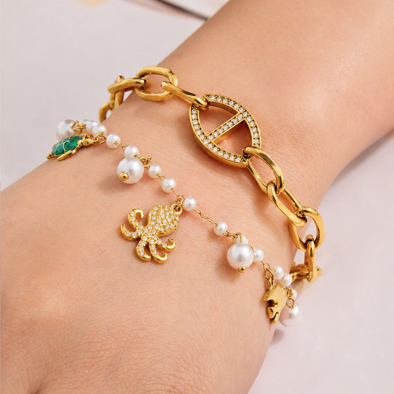 Pulseras de cadena para mujer de acero inoxidable, impermeables, de color dorado, con circonitas, de forma irregular y diseño lujoso y sencillo. h5 Imagen2
