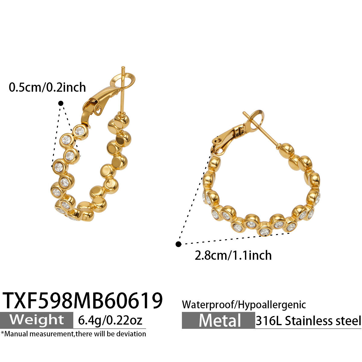 Luxurious Series Circle Stainless Steel Waterproof Gold Color Zircon Women's Earring Sets 
