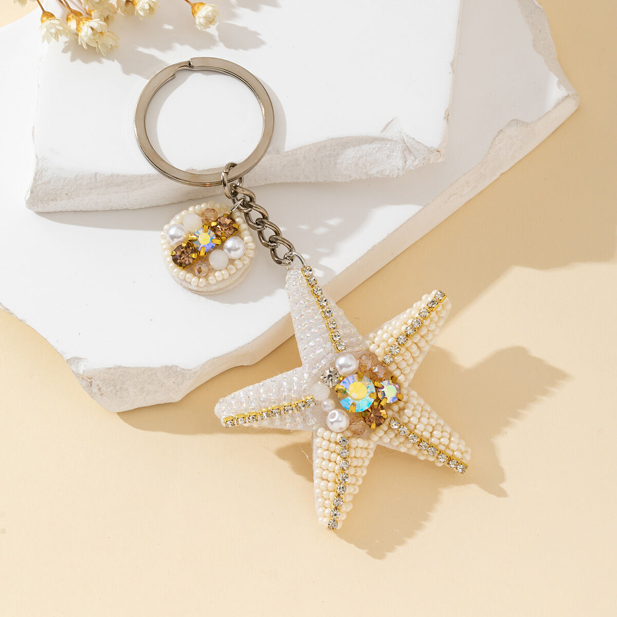 Porte-clés simple en alliage, perles naturelles style océanique, étoiles de mer tissées, perles tressées, série simple, en forme d'étoile de mer. h5 