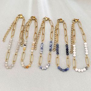 Simple Retro Beads Chain Stainless Steel Waterproof   Gold Color  Natural Stone Women's Beaded Bracelets h5 Picture2