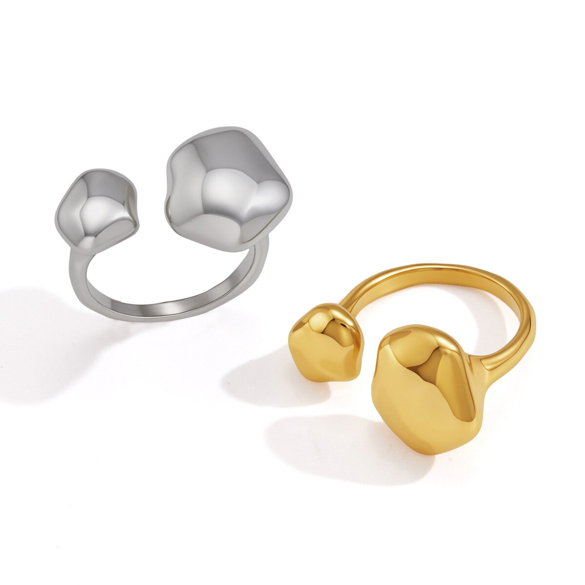Anillos llamativos de acero inoxidable de color dorado, estilo casual e informal con forma irregular y patrón martillado, de la serie Simple. h5 Imagen5