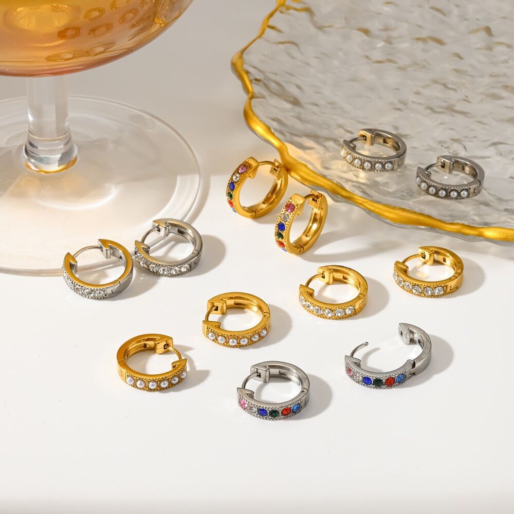 Simple Series Stainless Steel Waterproof Gold Color Rhinestone Women's Hoop Earrings h5 Picture2