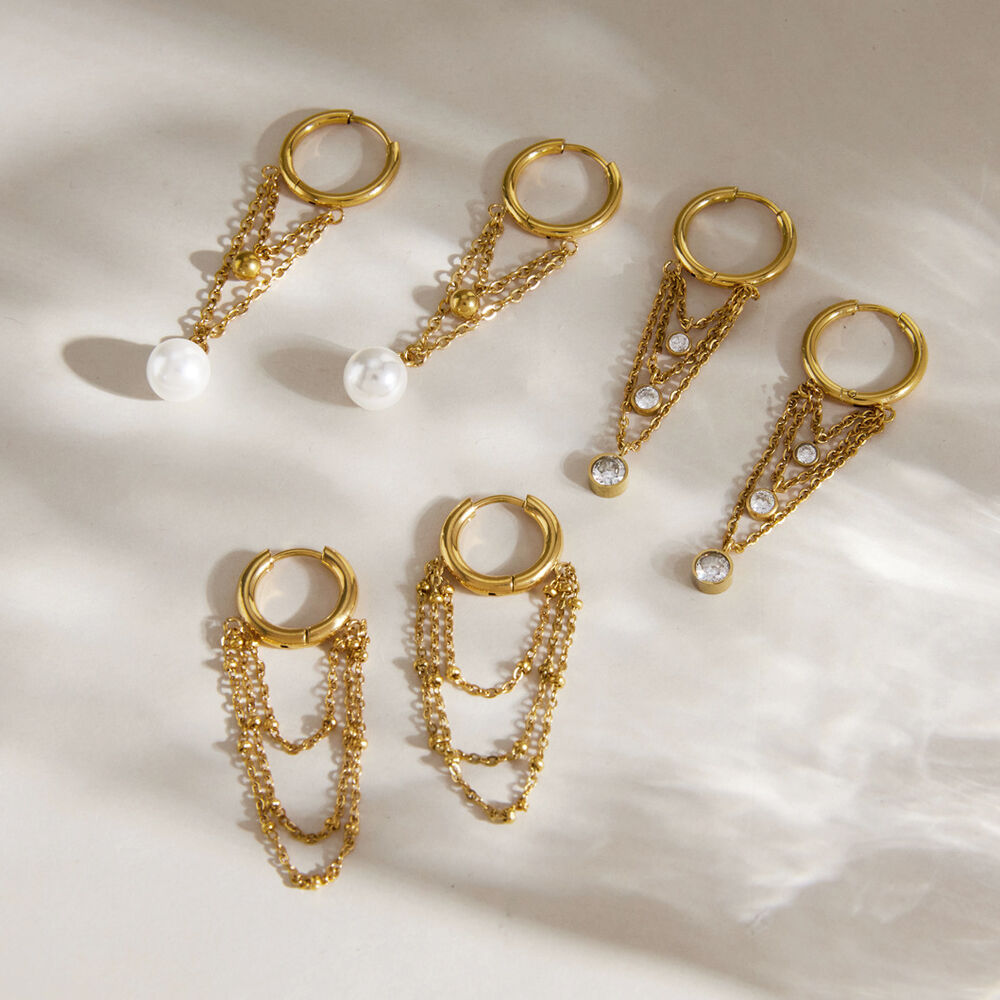 Pendientes colgantes para mujer de la serie Simple Daily Tassel, de acero inoxidable, resistentes al agua y color dorado. Imagen4